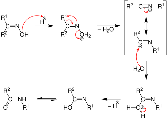 Réarrangement d'une cétoxime R1(CNOH)R2 en amide R2CONHR1.