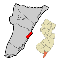 Location of Avalon in Cape May County highlighted in red (left). Inset map: Location of Cape May County in New Jersey highlighted in orange (right).