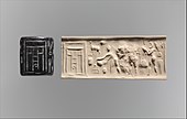 Cylinder seal and impression in which appears a ritual scene before a temple façade; 3500–3100 BC; bituminous limestone; height: 4.5 cm; Metropolitan Museum of Art (New York City)