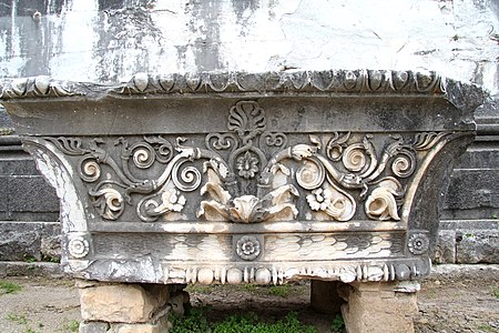 Ancient Greek foliage volutes (aka rinceaux) on a capital from the ruins of the Temple of Apollo at Didyma, Turkey, unknown architect or sculptor, c.300-150 BC[8]