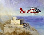 Painting of helicopter rescue efforts at the Dupont Plaza fire