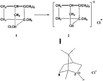 Isobornyl chloride giving a carbocation. Meerwein's representation is top, the modern view on the bottom