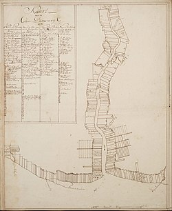 Kaart van de Colonie Demerary 1786, showing the division of the land adjacent to the Atlantic Ocean and the Demerara River into plantations.[2]