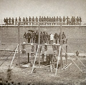 Execution of the Lincoln assassination conspirators at Capital punishment by the United States federal government, by Alexander Gardner (edited by Durova)