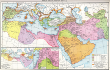 A map of northern Africa, southern Europe and western and central Asia with different color shades denoting the stages of expansion of the caliphate