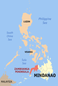Mapa han Pilipinas nga nagpapakita kon hain nahimutangan an Rehiyon IX Peninsula han Zamboanga Kata-isan han Zamboanga Rawis han Zamboanga Katarman han Zamboanga