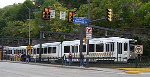 A "T" train departing Station Square