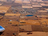 Looking east at Morinville; Highway 2 passes west of the town