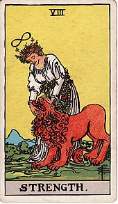 Strength tarot card, depicting a woman crowned by an infinity symbol, holding shut a lion's mouth