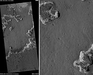 Ritchey Crater layers, as seen by HiRISE. The dark cap layer seems to be resistant to erosion, while the white middle layer is weak. Click on image to see more details. Scale bar is 500 meters long.