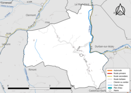 Carte en couleur présentant le réseau hydrographique de la commune