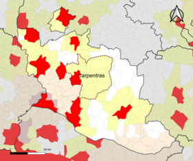 Localisation de l'aire d'attraction de Carpentras dans le département de Vaucluse.