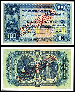 Australian one-hundred-pound note from the series of 1918 at Banknotes of the Australian pound, by Thomas S. Harrison