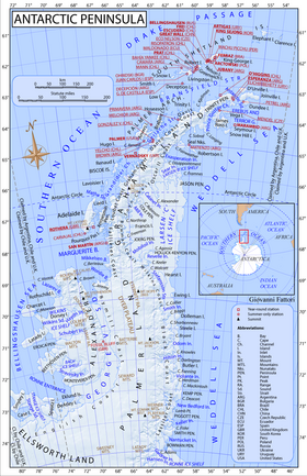 (en) Carte de la péninsule Antarctique permettant de localiser la côte d'English au sud-ouest de la terre de Palmer.