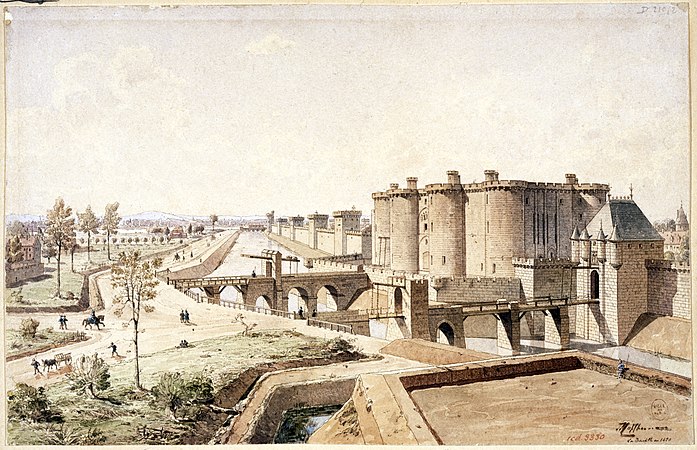 Reconstitution des fortifications orientales de Paris en 1420 : de gauche à droite, les fossés enjambés par les ponts (avec ponts-levis), la Bastille et la porte Saint-Antoine fortifiée.