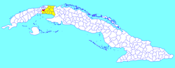 Bejucal municipality (red) within Mayabeque Province (yellow) and Cuba