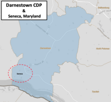 map showing Darnestown Census Designated Place with Seneca located in the south west corner near the Potomac River
