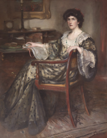 A painted portrait of a white woman wearing a dress with a scooped neckline and lace collar, with her hair in a bouffant updo.