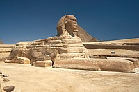 Great Sphinx of Giza, c. 2558–2532 BC, the largest monolithic statue in the world, standing 73.5 metres (241 ft) long, 6 metres (20 ft) wide, and 20.22 m (66.34 ft) high. Giza, Egypt.