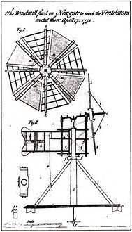 Moulin actionnant le système de ventilation de la prison de Newgate par Stephen Hales, 1750.