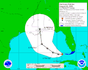 A map of a storm track surrounded by an error cone extending from the Florida Keys arcing north to Louisiana