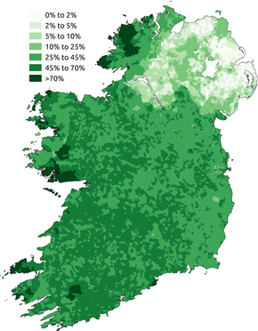 아일랜드 공화국과 북아일랜드에서의 아일랜드어를 할 수 있다고 대답한 응답자의 비율(2011년 인구조사).