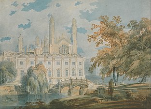 Clare Hall and King's College Chapel, Cambridge, from the Banks of the River Cam, 1793, watercolour (note that this is the present-day Clare College, formerly named Clare Hall, and not the present-day Clare Hall)