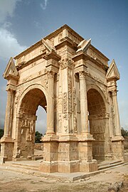 The Arch of Septimius Severus at Leptis Magna, Libya, a four-arched arcus quadrifrons, built c. 203 AD