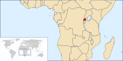 Map showing part of Africa, with Rwanda coloured in red
