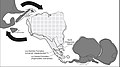 Image 20Paleogeography of the Late Cretaceous South America. Areas subject to the Andean orogeny are shown in light grey while the stable cratons are shown as grey squares. The sedimentary formations of Los Alamitos and La Colonia that formed in the Late Cretaceous are indicated. (from Andean orogeny)