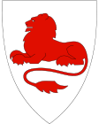 Escudo de armas de la municipalidad de Rødøy, Noruega, mostrando un león tendido de gules (1988)[8]​