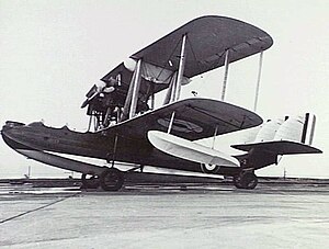 Amphibious biplane on runway