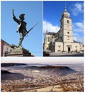 Estátua do Voluntário de 1792, Remiremont Abbey, e panorama de Remiremont visto a partir de Saint-Mont