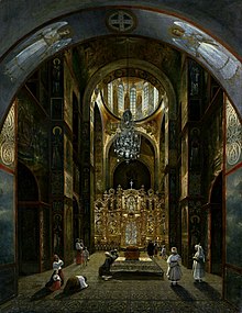 A painting of people praying in front of the altar screen of Saint Sophia's Cathedral