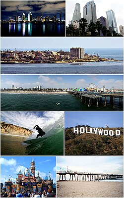 Southern California Images top from bottom, left to right: San Diego Skyline، Downtown Los Angeles، Village of La Jolla، Santa Monica Pier، Surfer at Black's Beach، نشان هالیوود، دیزنی‌لند، Hermosa Beach Pier