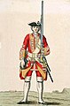 Soldier of The Buffs (Royal East Kent Regiment) wearing "a new Red Coat lin'd with a Buff colour'd lining, .... Breeches of the same colour as the Coat lining."