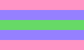 Trigender pride flag, made up of five horizontal stripes; which are, from top to bottom, pink, blue, green, blue, and pink.