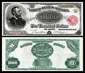 One-thousand-dollar Treasury Note from the series of 1891, by the Bureau of Engraving and Printing