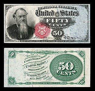 Fourth issue of the fifty-cent fractional currency depicting Edwin Stanton, by the United States Department of the Treasury