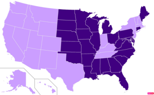 States in the United States by Mainline or Black Protestant population according to the Pew Research Center 2014 Religious Landscape Survey.[240] States with Mainline or Black Protestant population greater than the United States as a whole are in full purple.