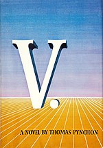 Book cover illustration of the letter "V." on an abstract horizon