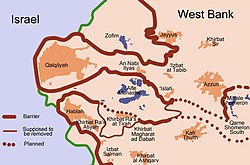 Map of path of the separation barrier around the Qalqilya and Hableh-Ras Atiya enclaves and the proposed path around Azzun