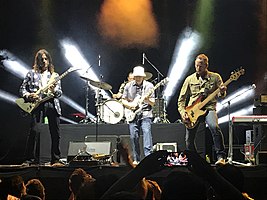 Weezer performing at Musikfest in Bethlehem, Pennsylvania in 2019. From left to right: Brian Bell, Patrick Wilson, Rivers Cuomo, and Scott Shriner.