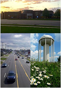 From top, left and right: Wyoming City Hall. Looking east down 28th Street, the city's main commercial route. Water tower near Gezon Park.