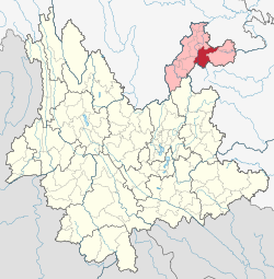 Location of Yiliang County (red) and Zhaotong City (pink) within Yunnan