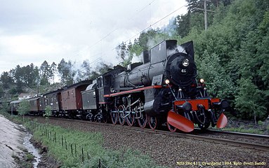 NSB class 26c, no.411 vintage train near Drangedal in 1984