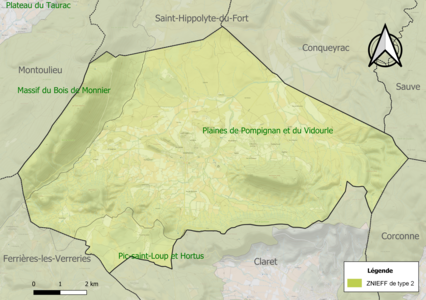 Carte des ZNIEFF de type 2 sur la commune.