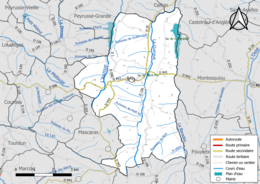 Carte en couleur présentant le réseau hydrographique de la commune