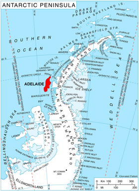 Carte de localisation de l'île Adélaïde avec les îles Mikkelsen au sud-est.