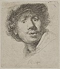 Rembrandt aux yeux hagards (B. 320), autoportrait souvent utilisé dans les couvertures de publication sur l'œuvre gravé de Rembrandt, comme dans celui du Musée du Petit Palais.